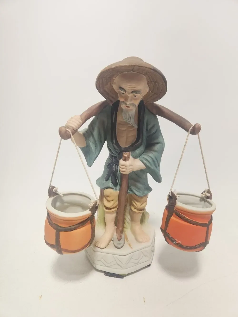 Vintage Asian Chinese Porcelain Water Carrier Mudman Figurine Planter 11